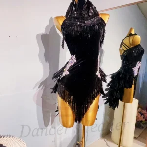 Latin Dance Adult Children'S Dress AB Stone High-End Custom Black Feather Cha Tango Women'S Professional Clothing