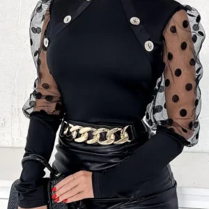 Dot Mesh Puff Sleeve Button Decor Top Elegant Tops for Women Casual New Fashion Female Clothing Outfits for Women
