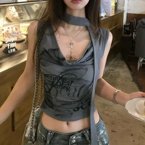 Y2K Tops Woman Letter Print Swing Neck Tight Vest T-Shirt for Women's Summer Elegant Sexy Sleeveless Vest Top Woman Clothing