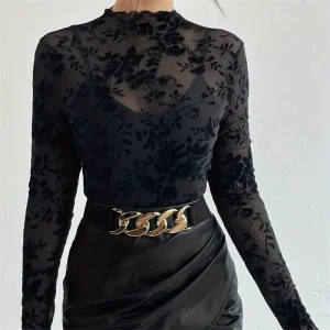 Mesh Blouses Sexy Women Clothes Sheer See Through Floral Mock Neck Long Sleeve Shirts Tops y2k Clothing Club Streetwear